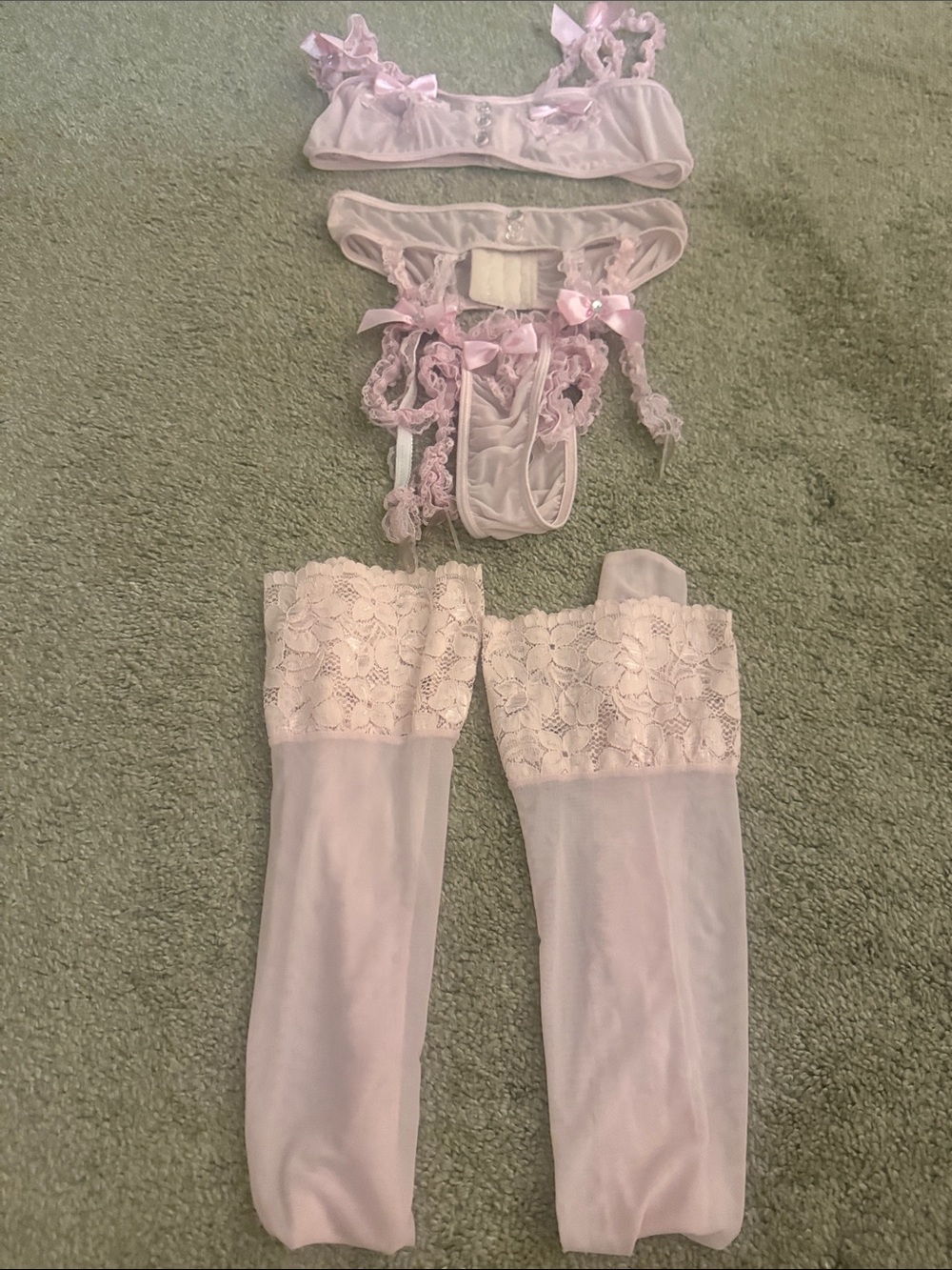 Sheer Lace Garter Set with Thigh-High Stockings - Light Pink